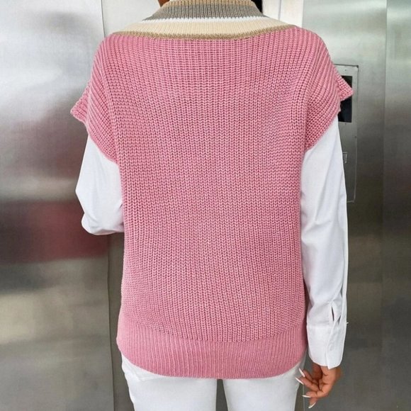 Colorblock Striped Trim V-neck Sweater Vest Pink - Picture 5 of 6
